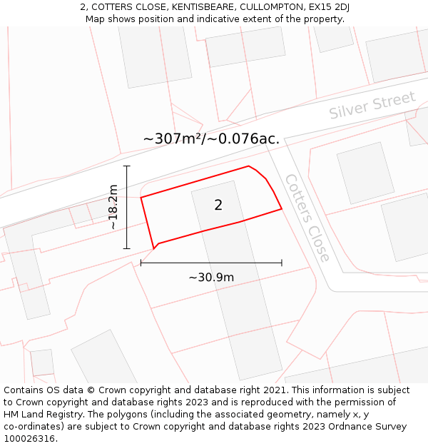 2, COTTERS CLOSE, KENTISBEARE, CULLOMPTON, EX15 2DJ: Plot and title map