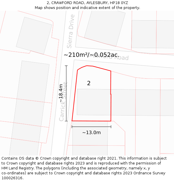 2, CRAWFORD ROAD, AYLESBURY, HP18 0YZ: Plot and title map