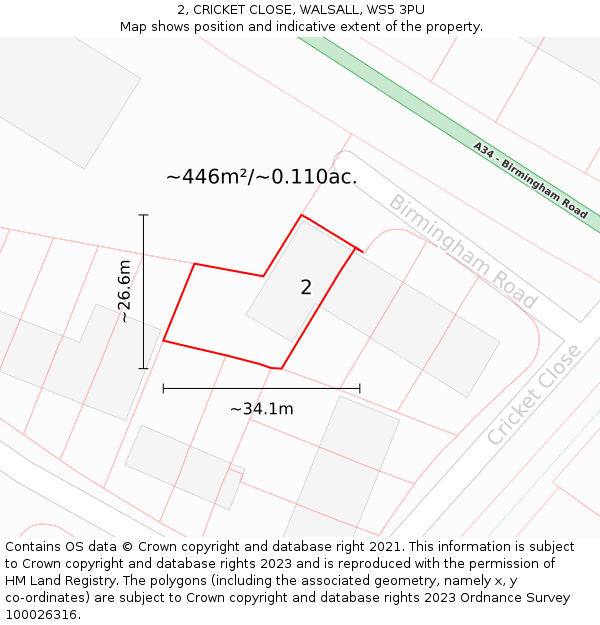 2, CRICKET CLOSE, WALSALL, WS5 3PU: Plot and title map