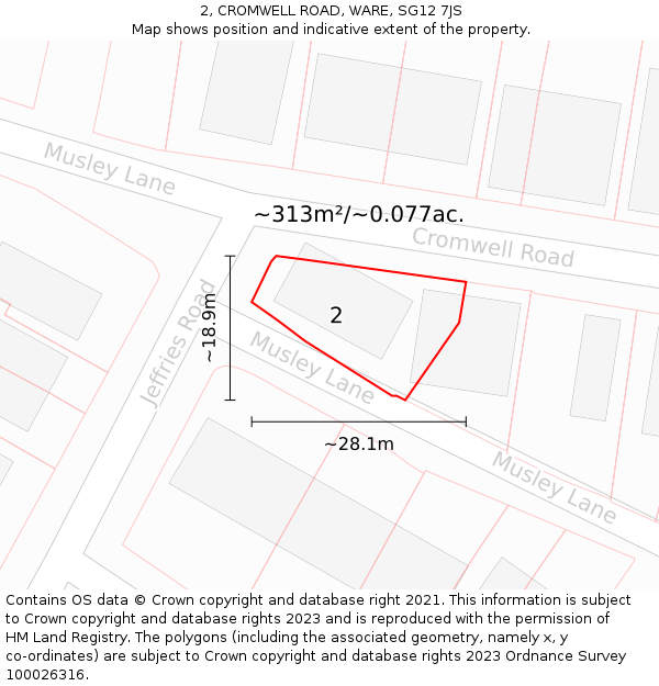 2, CROMWELL ROAD, WARE, SG12 7JS: Plot and title map