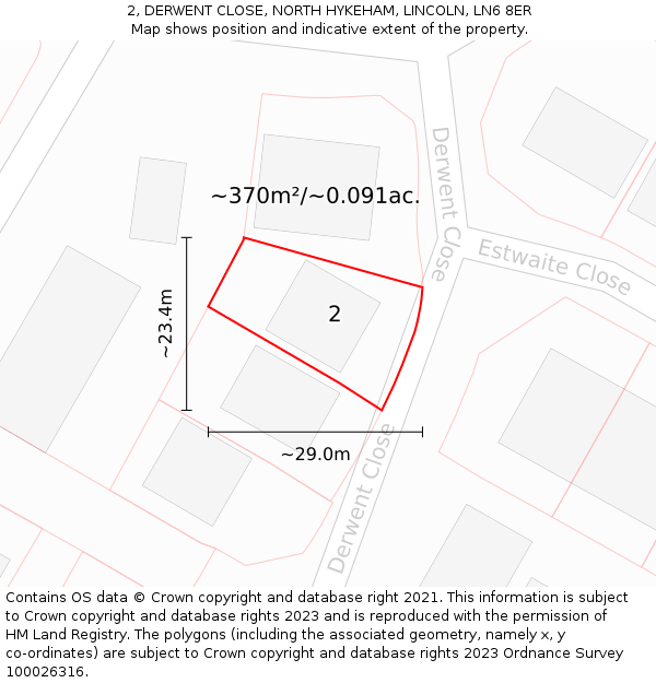 2, DERWENT CLOSE, NORTH HYKEHAM, LINCOLN, LN6 8ER: Plot and title map