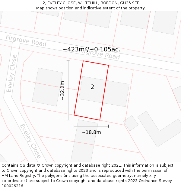 2, EVELEY CLOSE, WHITEHILL, BORDON, GU35 9EE: Plot and title map