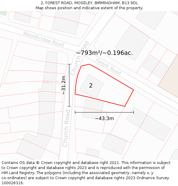 2, FOREST ROAD, MOSELEY, BIRMINGHAM, B13 9DL: Plot and title map