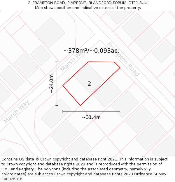 2, FRAMPTON ROAD, PIMPERNE, BLANDFORD FORUM, DT11 8UU: Plot and title map