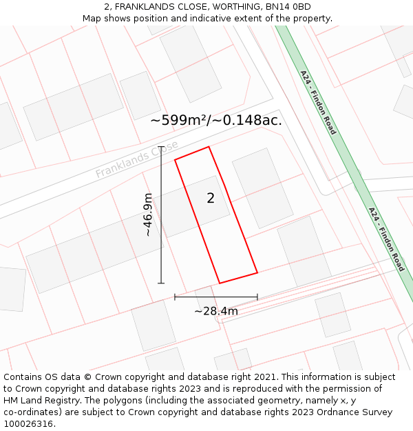 2, FRANKLANDS CLOSE, WORTHING, BN14 0BD: Plot and title map