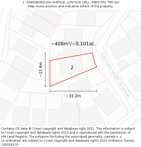 2, GAINSBOROUGH AVENUE, LOSTOCK HALL, PRESTON, PR5 5JG: Plot and title map