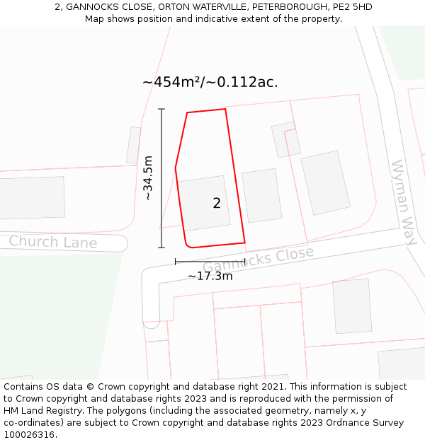 2, GANNOCKS CLOSE, ORTON WATERVILLE, PETERBOROUGH, PE2 5HD: Plot and title map