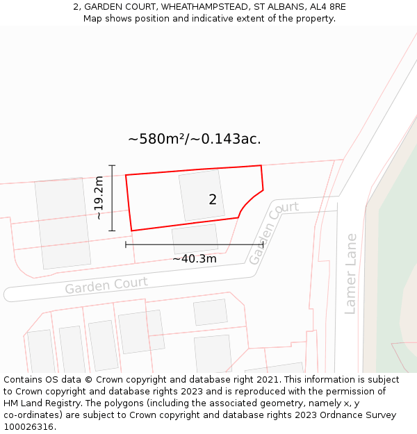 2, GARDEN COURT, WHEATHAMPSTEAD, ST ALBANS, AL4 8RE: Plot and title map