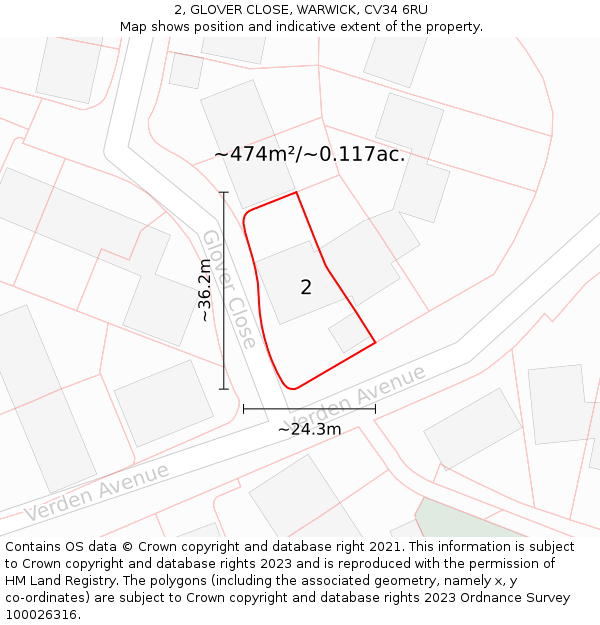 2, GLOVER CLOSE, WARWICK, CV34 6RU: Plot and title map