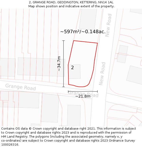 2, GRANGE ROAD, GEDDINGTON, KETTERING, NN14 1AL: Plot and title map