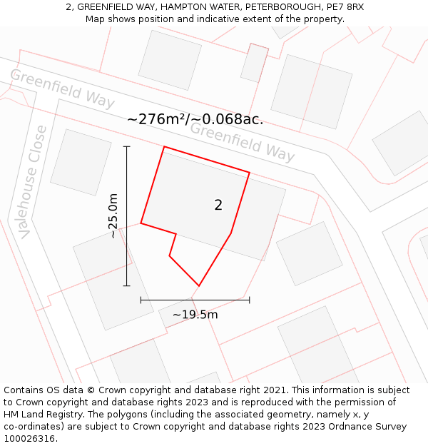 2, GREENFIELD WAY, HAMPTON WATER, PETERBOROUGH, PE7 8RX: Plot and title map