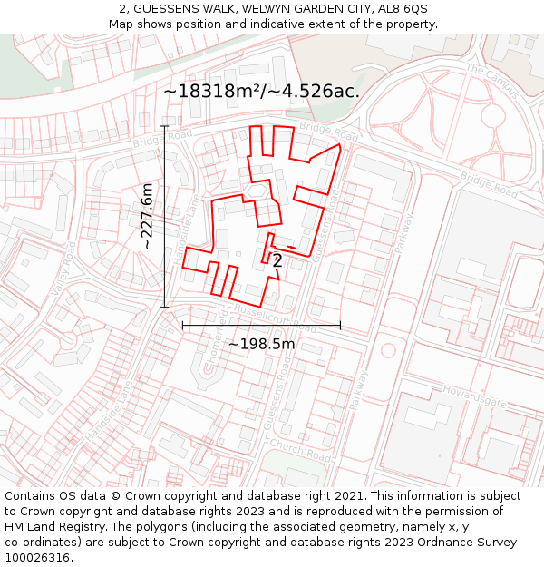 2, GUESSENS WALK, WELWYN GARDEN CITY, AL8 6QS: Plot and title map
