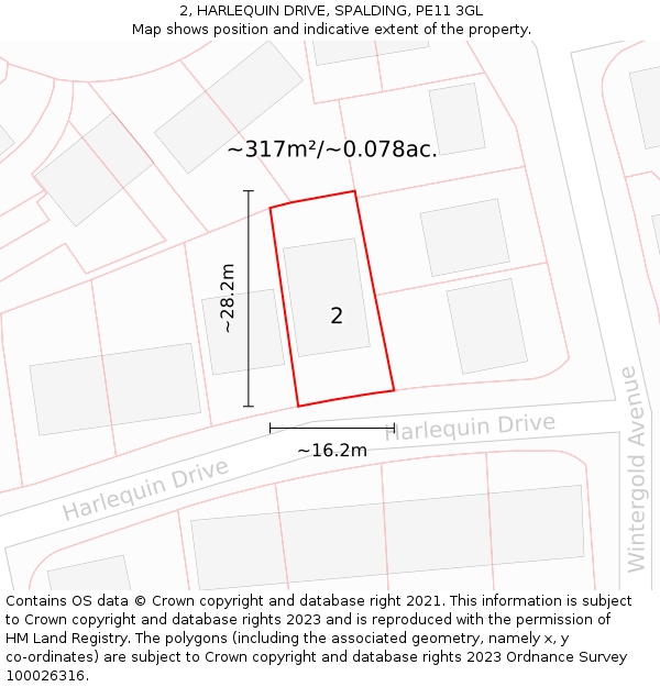 2, HARLEQUIN DRIVE, SPALDING, PE11 3GL: Plot and title map