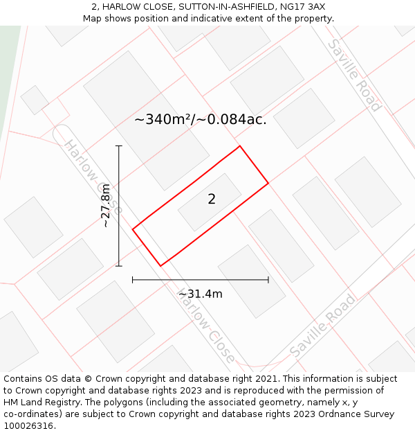 2, HARLOW CLOSE, SUTTON-IN-ASHFIELD, NG17 3AX: Plot and title map