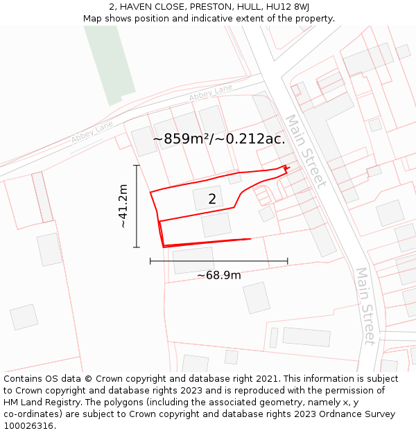 2, HAVEN CLOSE, PRESTON, HULL, HU12 8WJ: Plot and title map