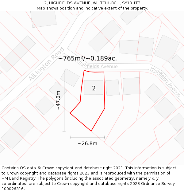 2, HIGHFIELDS AVENUE, WHITCHURCH, SY13 1TB: Plot and title map