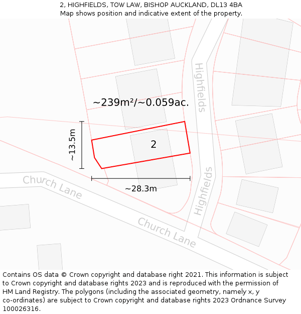 2, HIGHFIELDS, TOW LAW, BISHOP AUCKLAND, DL13 4BA: Plot and title map