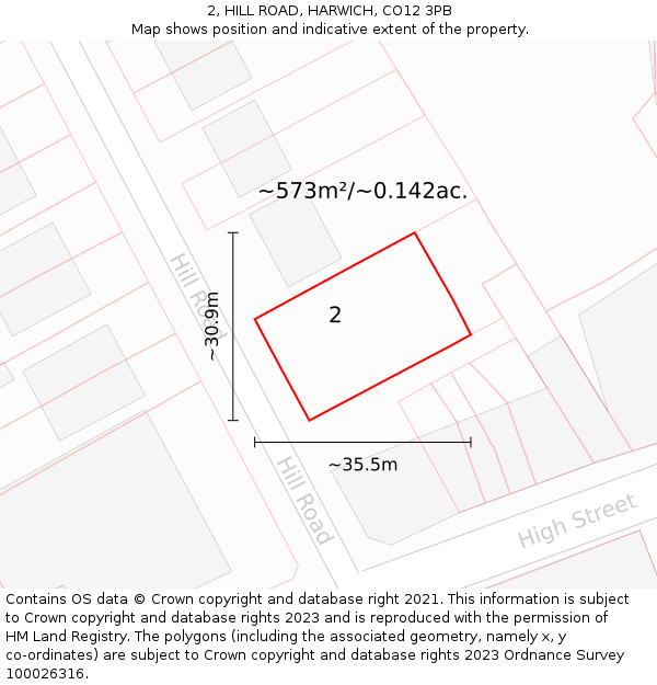 2, HILL ROAD, HARWICH, CO12 3PB: Plot and title map