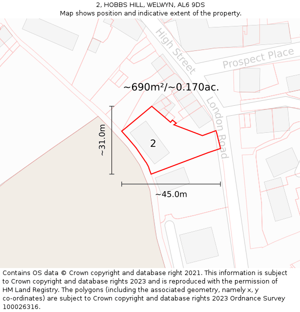 2, HOBBS HILL, WELWYN, AL6 9DS: Plot and title map