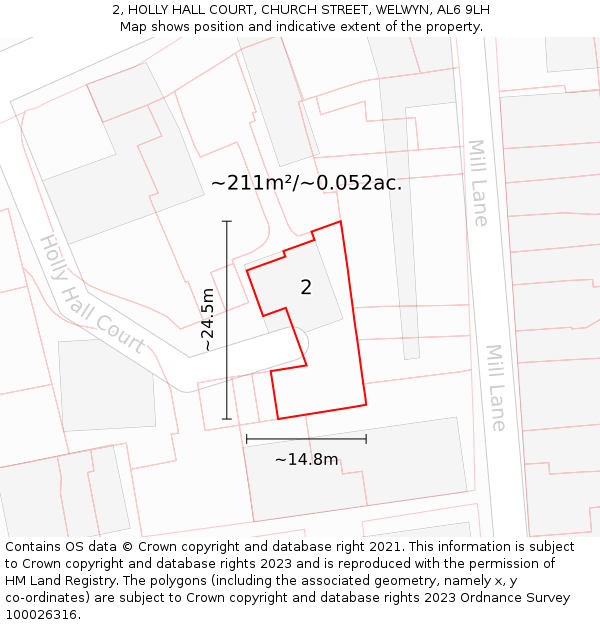 2, HOLLY HALL COURT, CHURCH STREET, WELWYN, AL6 9LH: Plot and title map