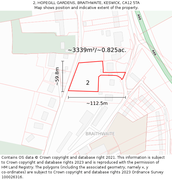 2, HOPEGILL GARDENS, BRAITHWAITE, KESWICK, CA12 5TA: Plot and title map