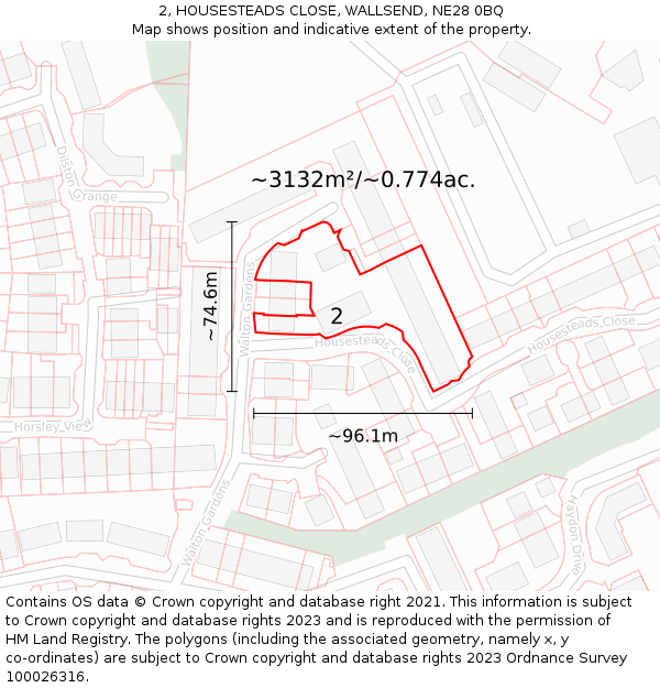 2, HOUSESTEADS CLOSE, WALLSEND, NE28 0BQ: Plot and title map