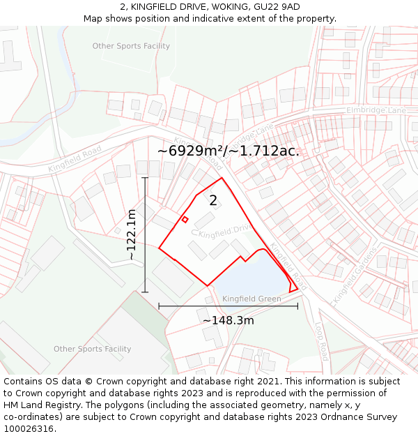 2, KINGFIELD DRIVE, WOKING, GU22 9AD: Plot and title map