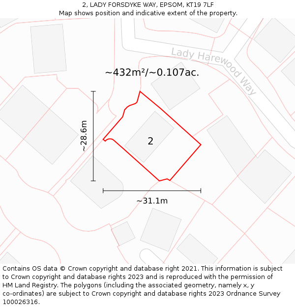 2, LADY FORSDYKE WAY, EPSOM, KT19 7LF: Plot and title map