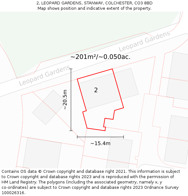 2, LEOPARD GARDENS, STANWAY, COLCHESTER, CO3 8BD: Plot and title map