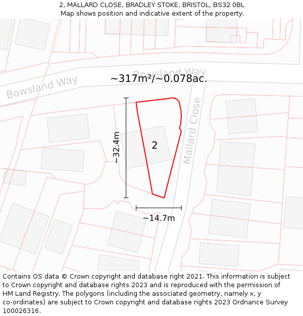 2, MALLARD CLOSE, BRADLEY STOKE, BRISTOL, BS32 0BL: Plot and title map