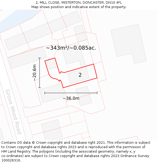 2, MILL CLOSE, MISTERTON, DONCASTER, DN10 4FL: Plot and title map