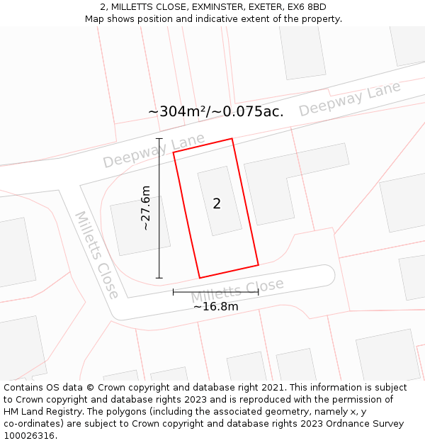 2, MILLETTS CLOSE, EXMINSTER, EXETER, EX6 8BD: Plot and title map