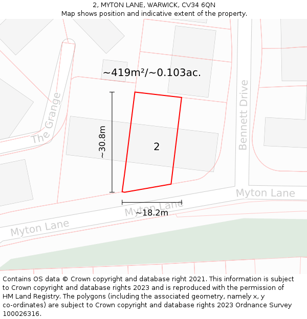 2, MYTON LANE, WARWICK, CV34 6QN: Plot and title map