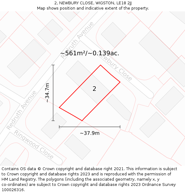 2, NEWBURY CLOSE, WIGSTON, LE18 2JJ: Plot and title map