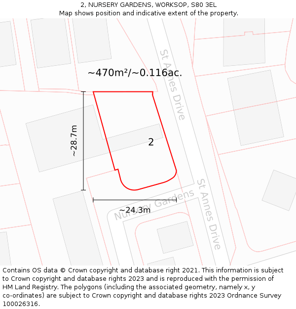 2, NURSERY GARDENS, WORKSOP, S80 3EL: Plot and title map