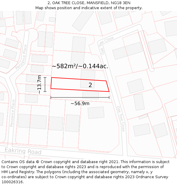 2, OAK TREE CLOSE, MANSFIELD, NG18 3EN: Plot and title map