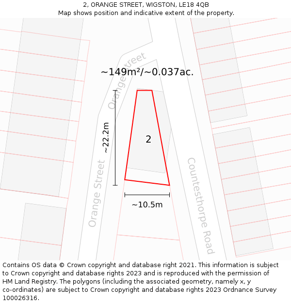 2, ORANGE STREET, WIGSTON, LE18 4QB: Plot and title map