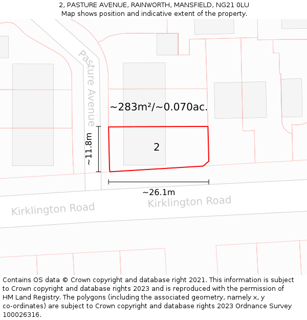 2, PASTURE AVENUE, RAINWORTH, MANSFIELD, NG21 0LU: Plot and title map