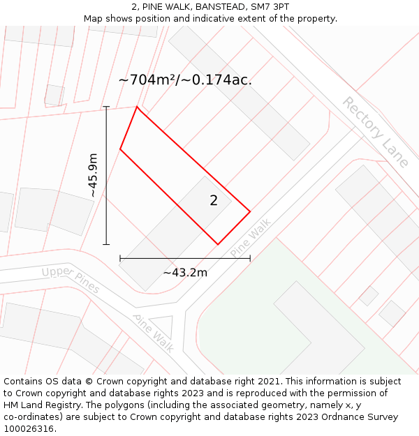 2, PINE WALK, BANSTEAD, SM7 3PT: Plot and title map