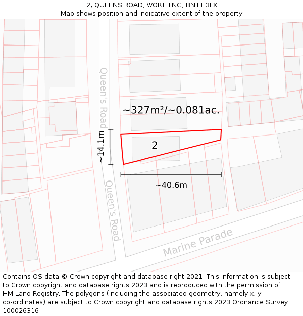 2, QUEENS ROAD, WORTHING, BN11 3LX: Plot and title map