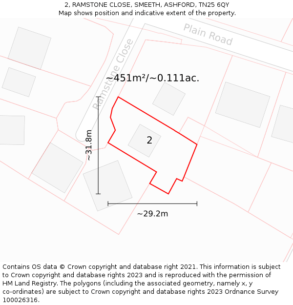 2, RAMSTONE CLOSE, SMEETH, ASHFORD, TN25 6QY: Plot and title map