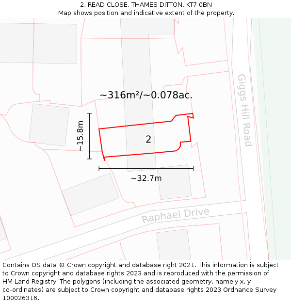 2, READ CLOSE, THAMES DITTON, KT7 0BN: Plot and title map