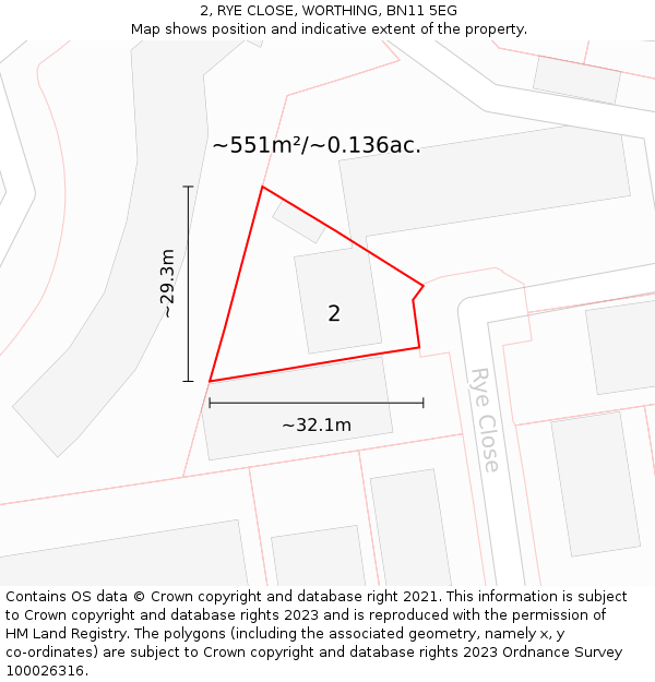 2, RYE CLOSE, WORTHING, BN11 5EG: Plot and title map