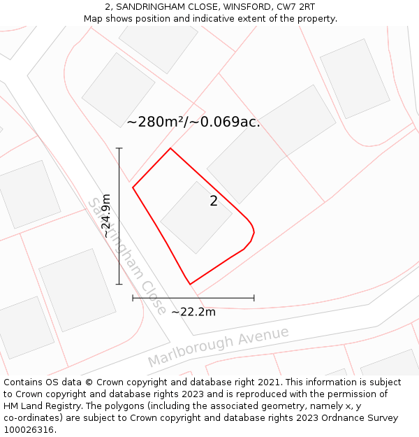 2, SANDRINGHAM CLOSE, WINSFORD, CW7 2RT: Plot and title map