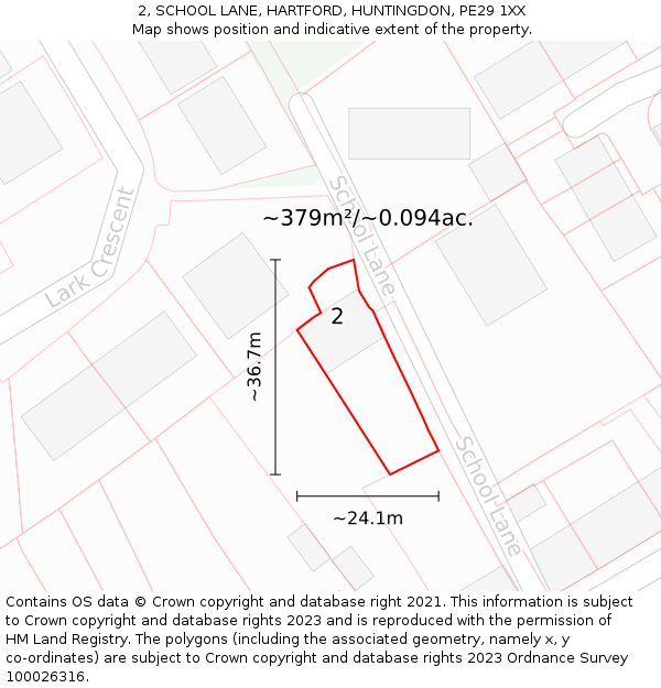 2, SCHOOL LANE, HARTFORD, HUNTINGDON, PE29 1XX: Plot and title map