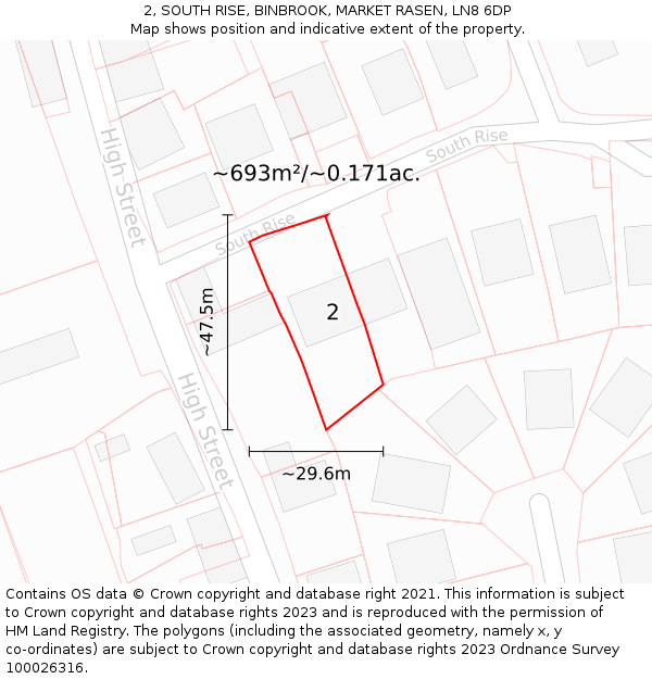 2, SOUTH RISE, BINBROOK, MARKET RASEN, LN8 6DP: Plot and title map