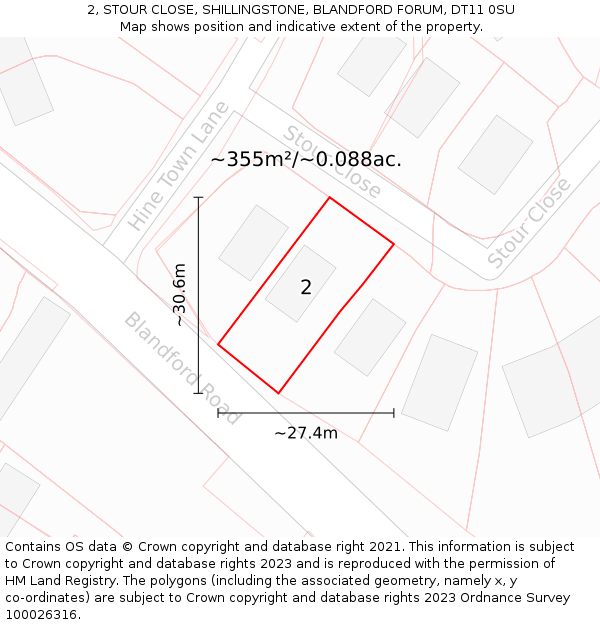 2, STOUR CLOSE, SHILLINGSTONE, BLANDFORD FORUM, DT11 0SU: Plot and title map