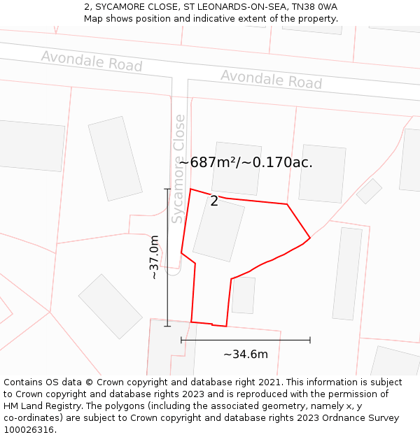 2, SYCAMORE CLOSE, ST LEONARDS-ON-SEA, TN38 0WA: Plot and title map