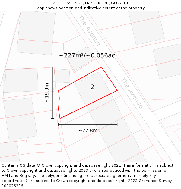 2, THE AVENUE, HASLEMERE, GU27 1JT: Plot and title map