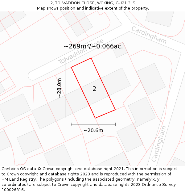 2, TOLVADDON CLOSE, WOKING, GU21 3LS: Plot and title map